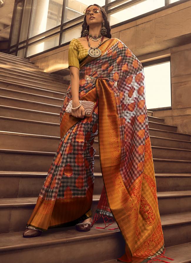 Organza Orange Party Wear Weaving Saree